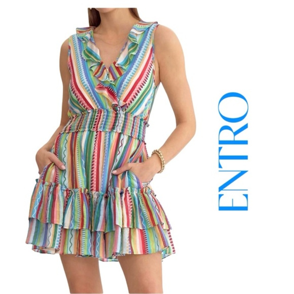 Entro Green Orange Ruffled Peplum Sundress Sz S NWT